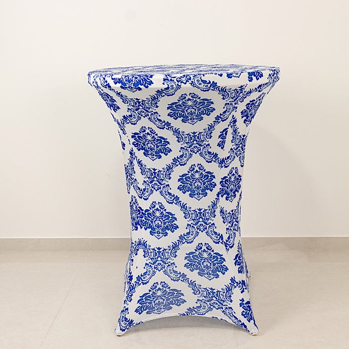 Damask Cocktail Spandex Table Cover - Royal Blue and White