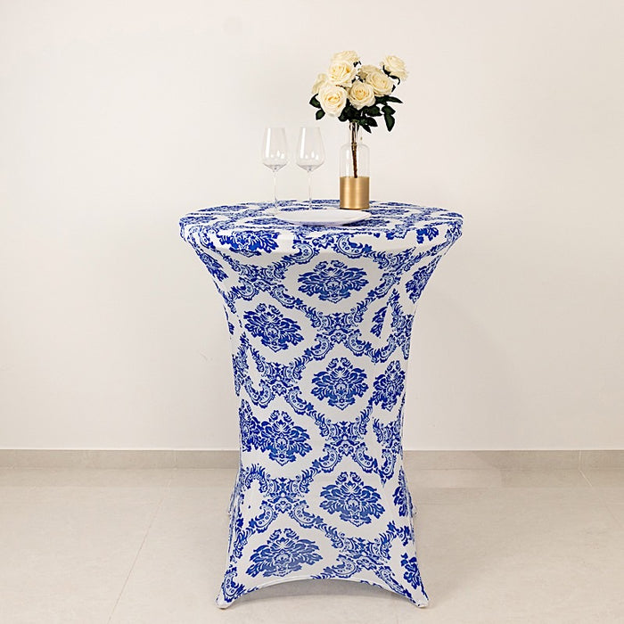 Damask Cocktail Spandex Table Cover - Royal Blue and White