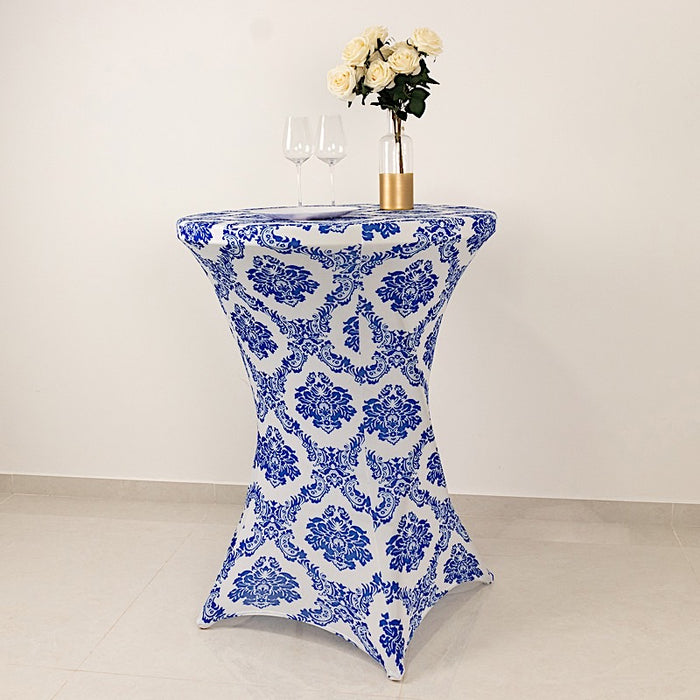 Damask Cocktail Spandex Table Cover - Royal Blue and White