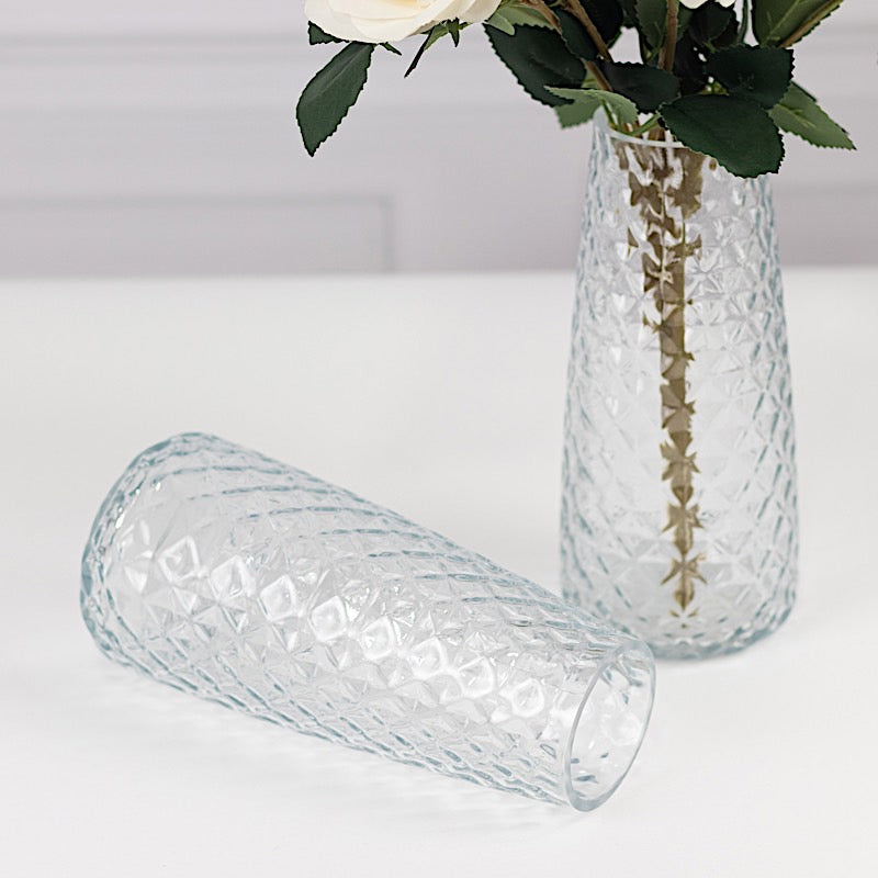 6 Glass Urn Vases Diamond Crystal Cut Pattern