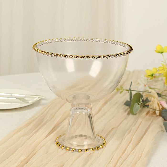 8" Pedestal Bowl Glass Flower Vase with Gold Beaded Rim - Clear