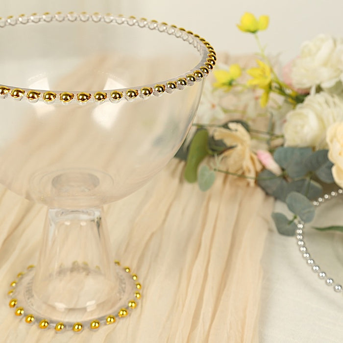 8" Pedestal Bowl Glass Flower Vase with Gold Beaded Rim - Clear