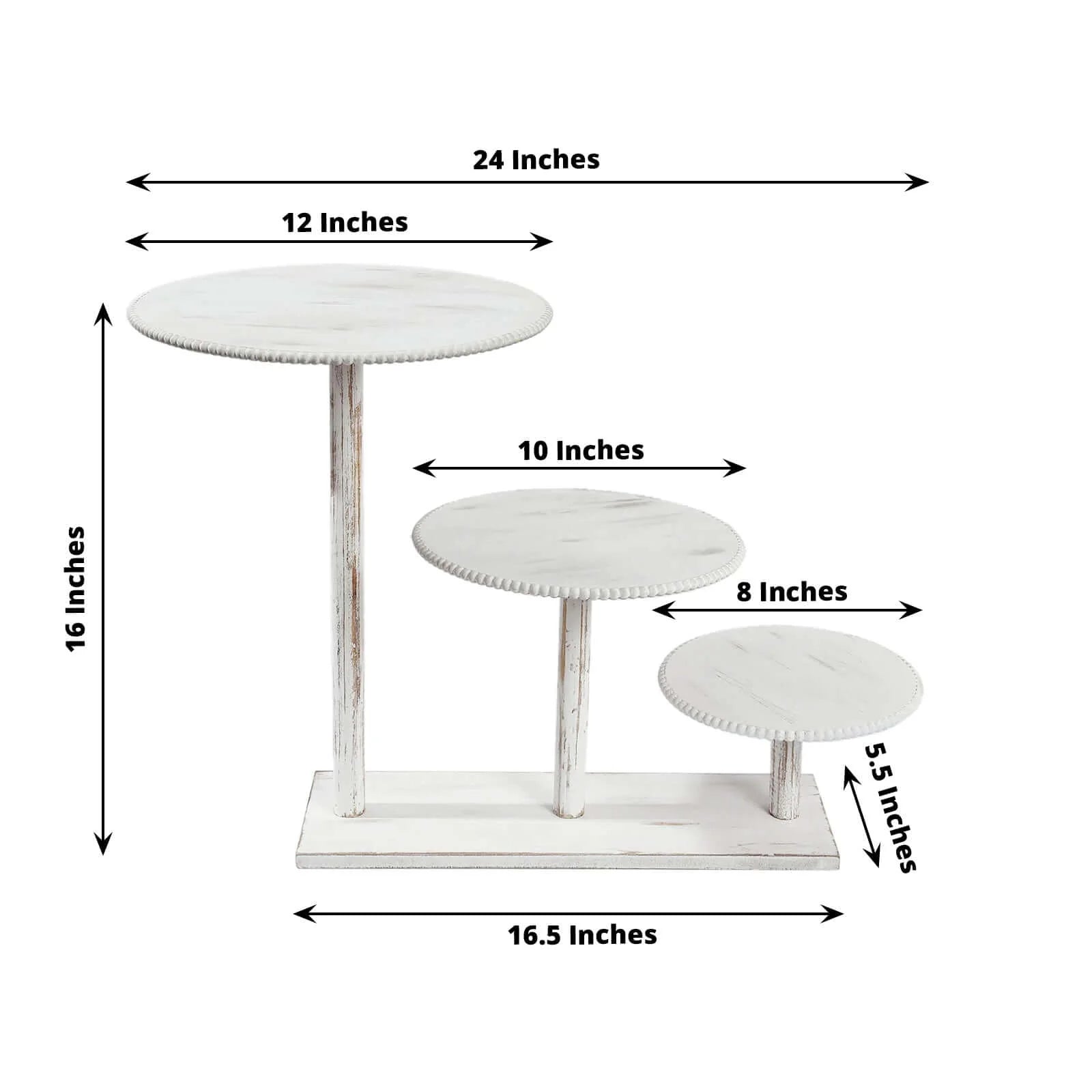 3-Tier Wooden Cake Stand with Round Beaded Rim Trays - Whitewash