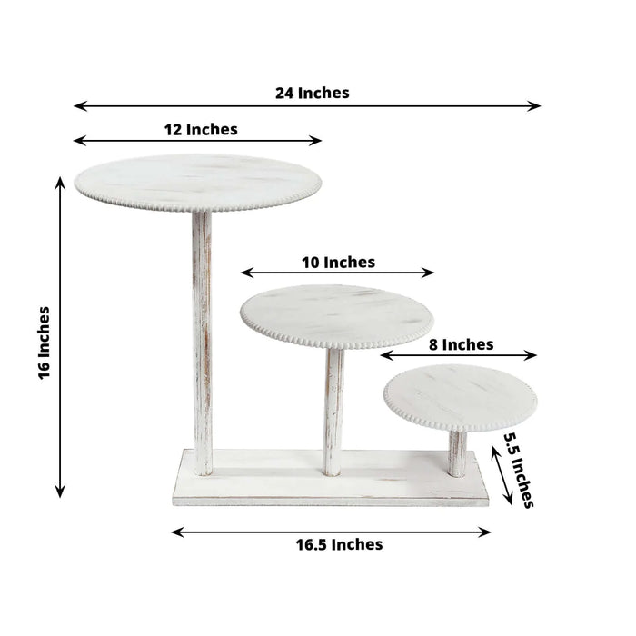 3-Tier Wooden Cake Stand with Round Beaded Rim Trays - Whitewash