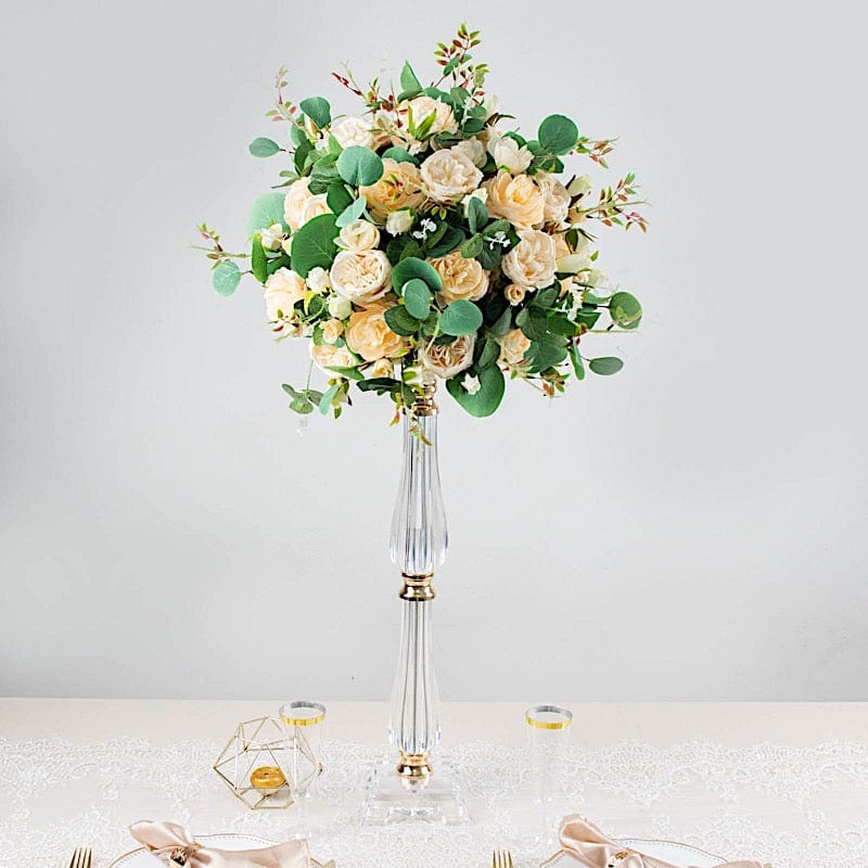 Acrylic Crystal Pillar Candle Stand - Clear and Gold