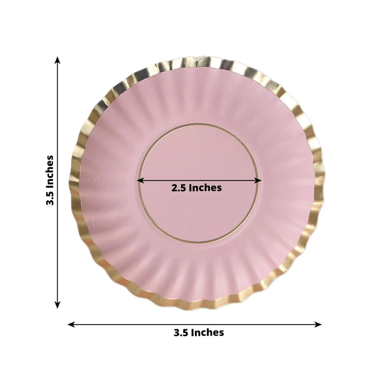 50 Round Metallic Paper Mini Dessert Plates with Scalloped Rim - Disposable Tableware