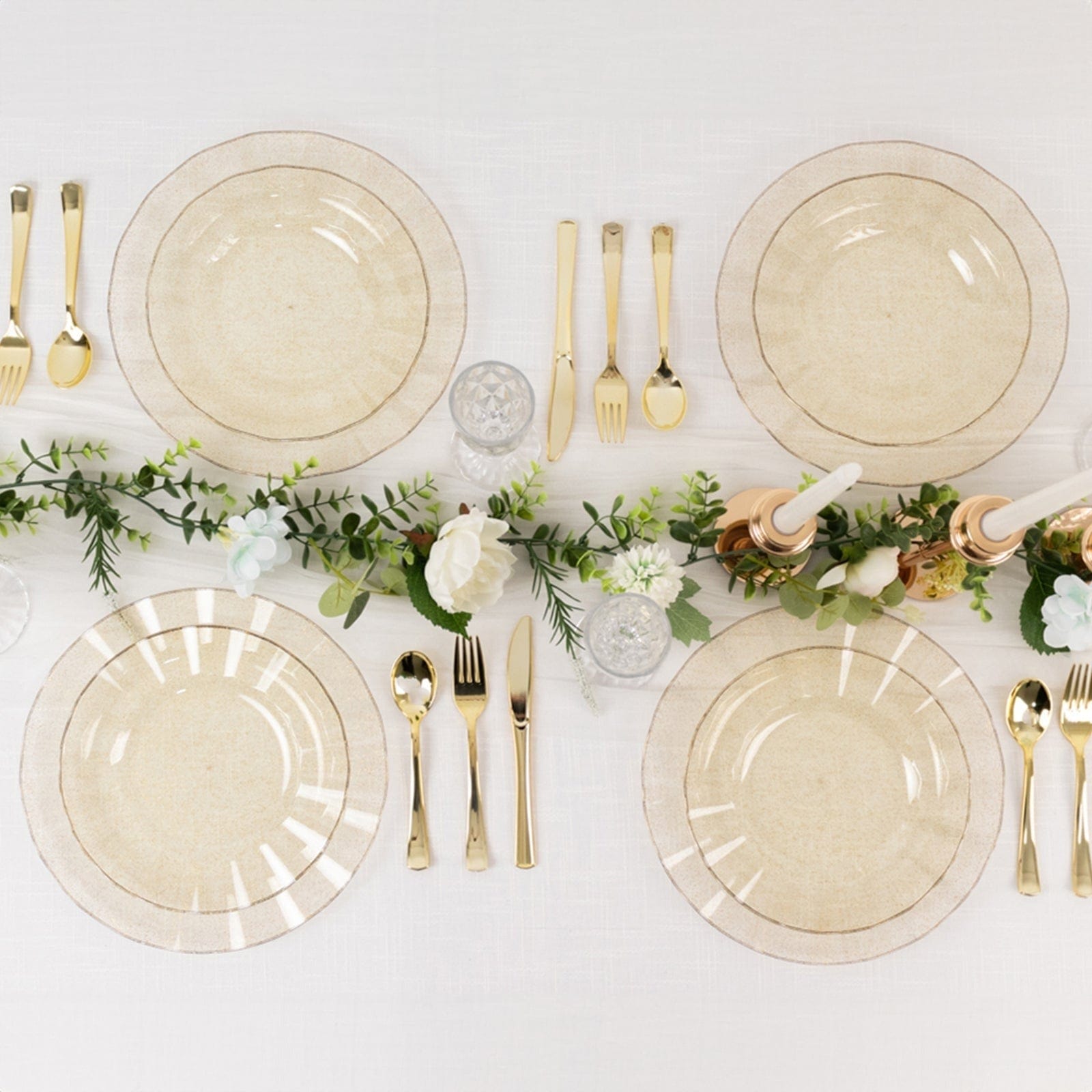 10 Round Plastic Salad Dinner Plates with Gold Wavy Rim - Disposable Tableware