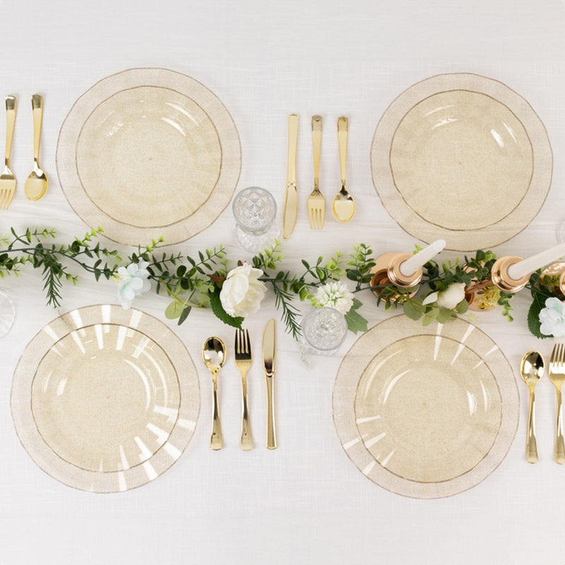 10 Round Plastic Salad Dinner Plates with Gold Wavy Rim - Disposable Tableware