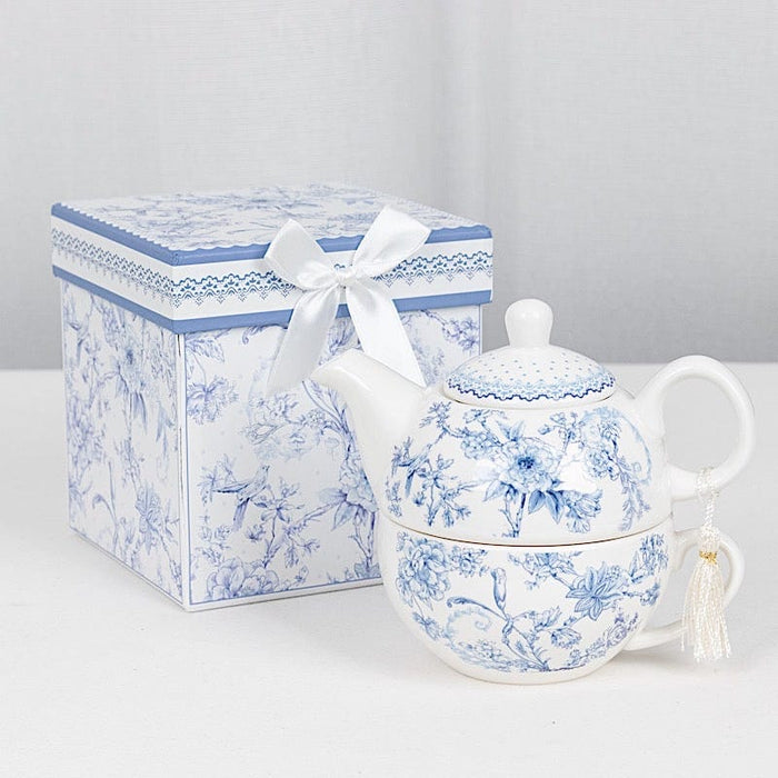 Chinoiserie Porcelain Teapot and Cup Set with Gift Box - White and Blue FAV_TEA03_CUP03_BLUE