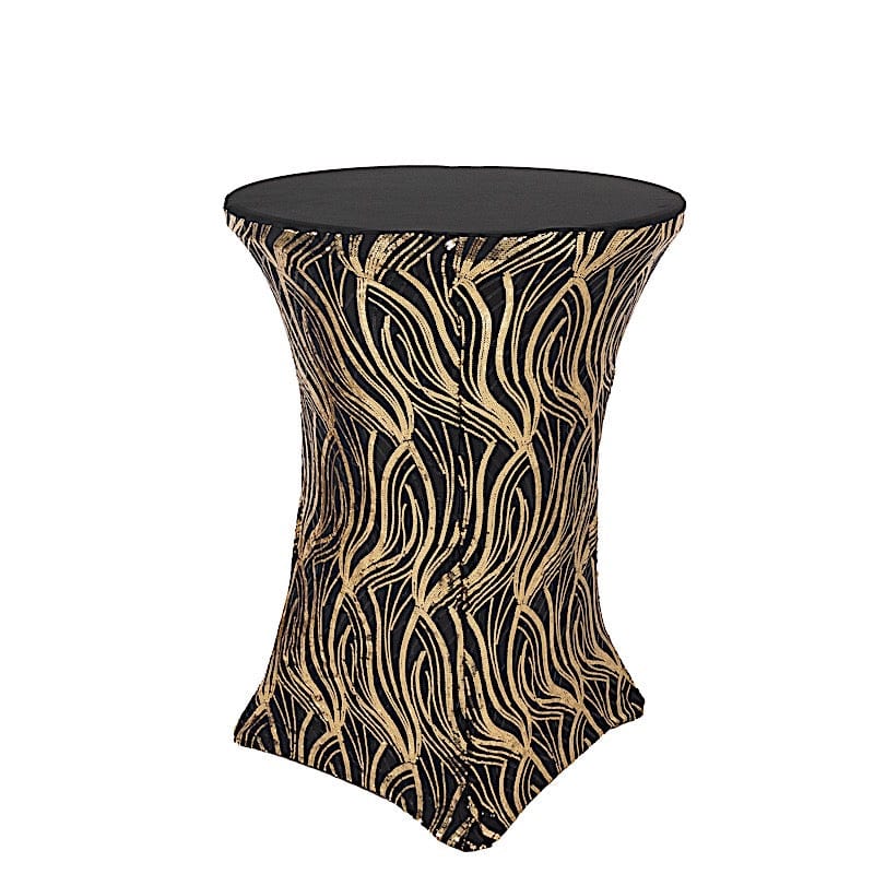 Cocktail Spandex Table Cover with Wave Embroidered Sequins - Black and Gold TAB_COCK02_WAVE_BLKGD
