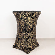Cocktail Spandex Table Cover with Wave Embroidered Sequins - Black and Gold TAB_COCK02_WAVE_BLKGD