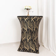 Cocktail Spandex Table Cover with Wave Embroidered Sequins - Black and Gold TAB_COCK02_WAVE_BLKGD