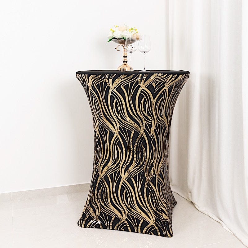 Cocktail Spandex Table Cover with Wave Embroidered Sequins - Black and Gold TAB_COCK02_WAVE_BLKGD