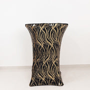 Cocktail Spandex Table Cover with Wave Embroidered Sequins - Black and Gold TAB_COCK02_WAVE_BLKGD