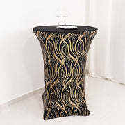 Cocktail Spandex Table Cover with Wave Embroidered Sequins - Black and Gold TAB_COCK02_WAVE_BLKGD