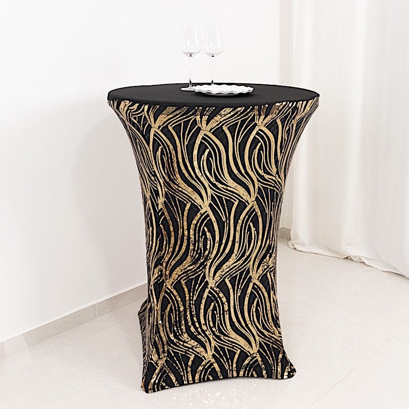 Cocktail Spandex Table Cover with Wave Embroidered Sequins - Black and Gold TAB_COCK02_WAVE_BLKGD