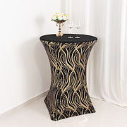 Cocktail Spandex Table Cover with Wave Embroidered Sequins - Black and Gold TAB_COCK02_WAVE_BLKGD