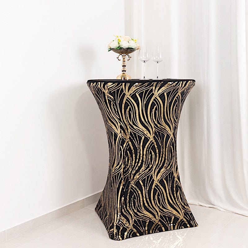 Cocktail Spandex Table Cover with Wave Embroidered Sequins - Black and Gold TAB_COCK02_WAVE_BLKGD