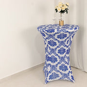 Damask Cocktail Spandex Table Cover - Royal Blue and White TAB_COCK_FLK_ROY