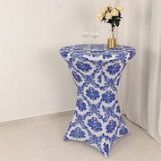 Damask Cocktail Spandex Table Cover - Royal Blue and White TAB_COCK_FLK_ROY