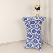 Damask Cocktail Spandex Table Cover - Royal Blue and White TAB_COCK_FLK_ROY