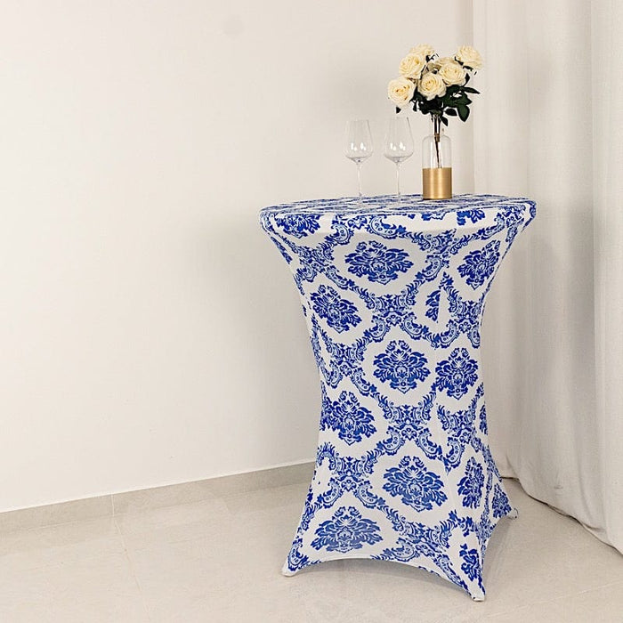 Damask Cocktail Spandex Table Cover - Royal Blue and White TAB_COCK_FLK_ROY