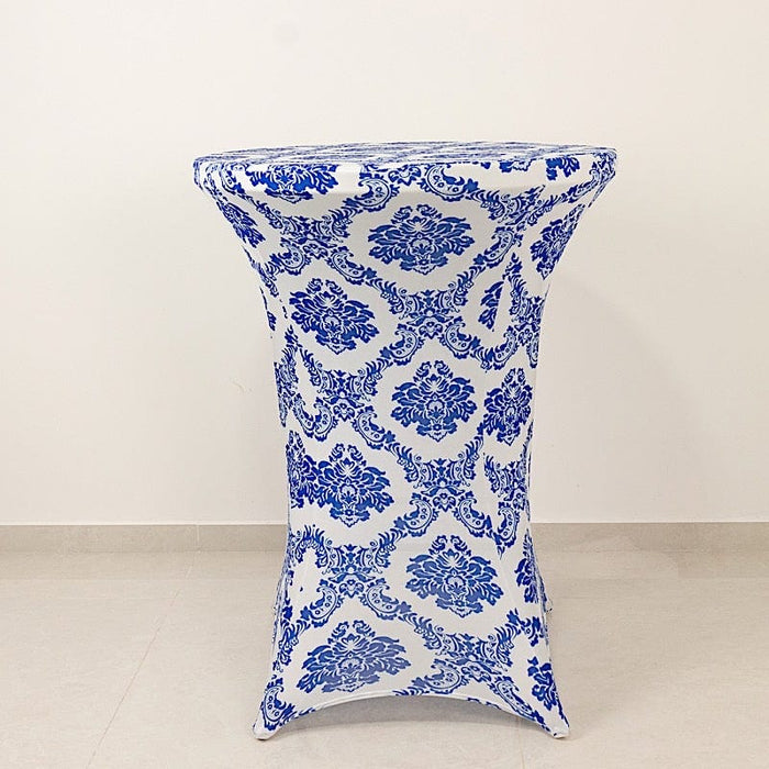 Damask Cocktail Spandex Table Cover - Royal Blue and White TAB_COCK_FLK_ROY