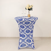 Damask Cocktail Spandex Table Cover - Royal Blue and White TAB_COCK_FLK_ROY
