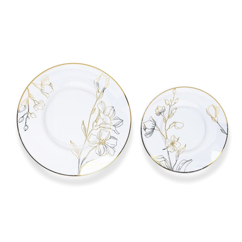 20 Round Plastic Salad Dinner Plates with Gold Floral Design - Disposable Tableware