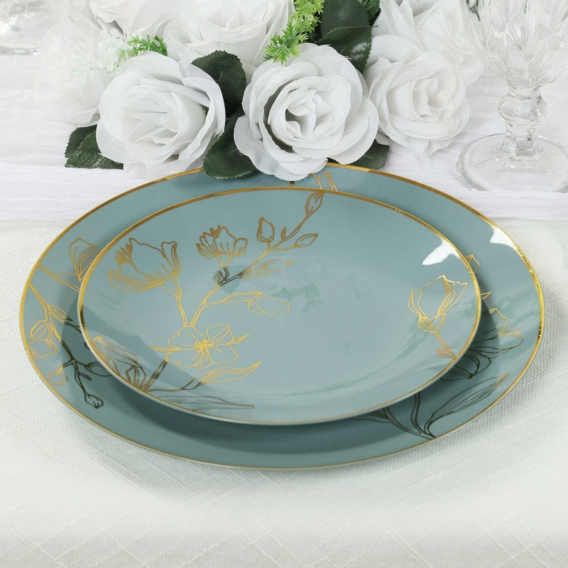 20 Round Plastic Salad Dinner Plates with Gold Floral Design - Disposable Tableware