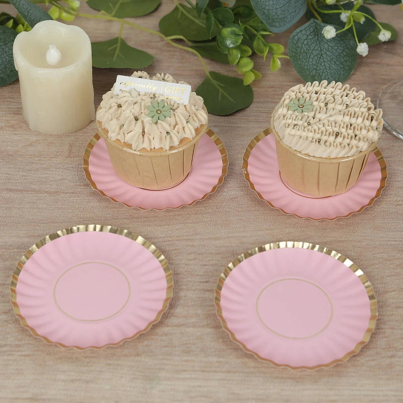 50 Round Metallic Paper Mini Dessert Plates with Scalloped Rim - Disposable Tableware