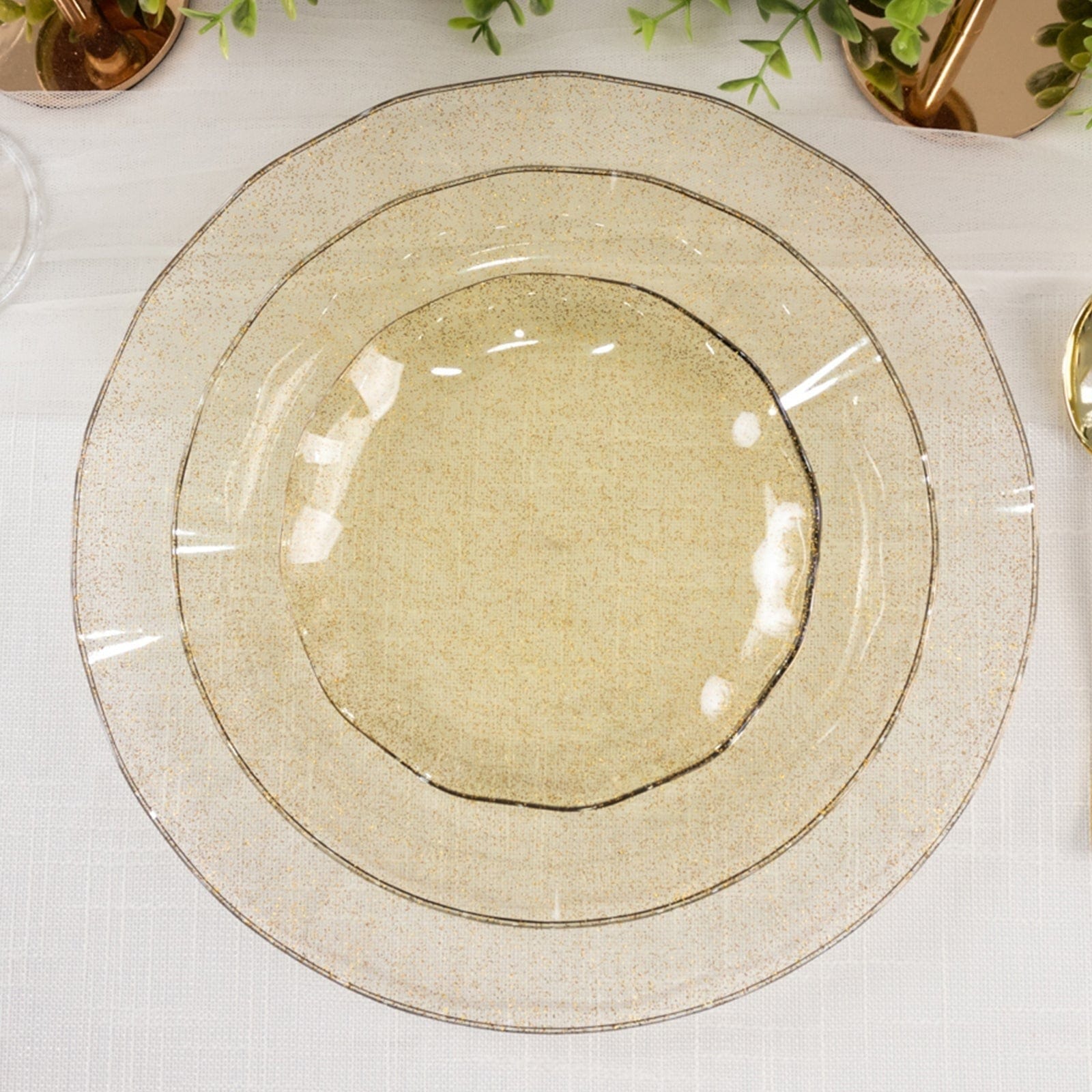 10 Round Plastic Salad Dinner Plates with Gold Wavy Rim - Disposable Tableware