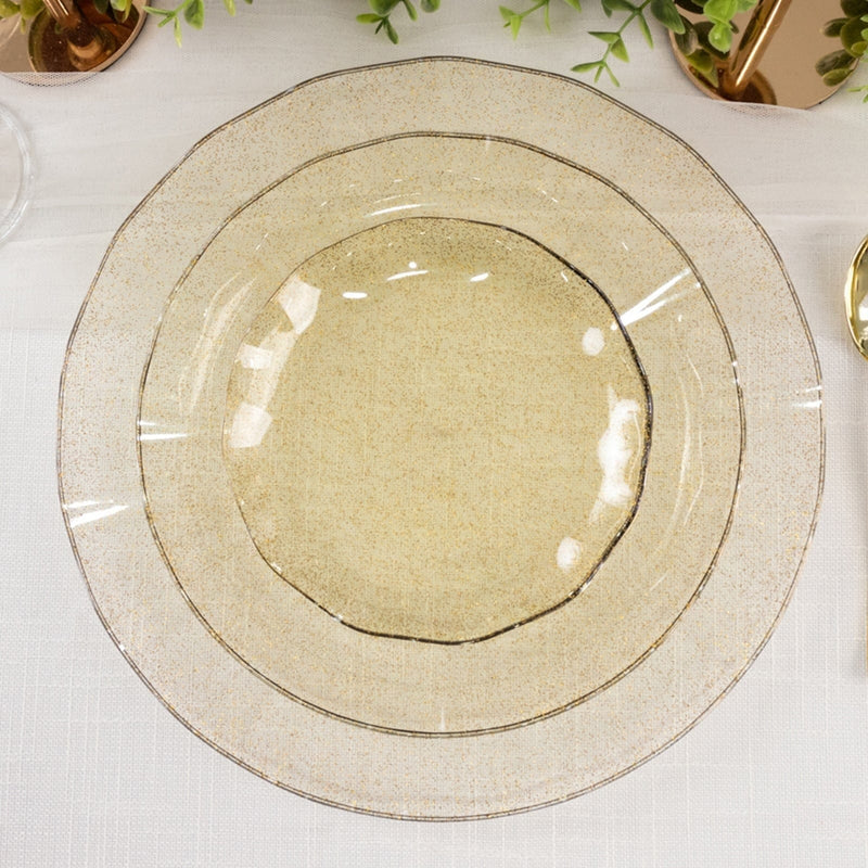 10 Round Plastic Salad Dinner Plates with Gold Wavy Rim - Disposable Tableware