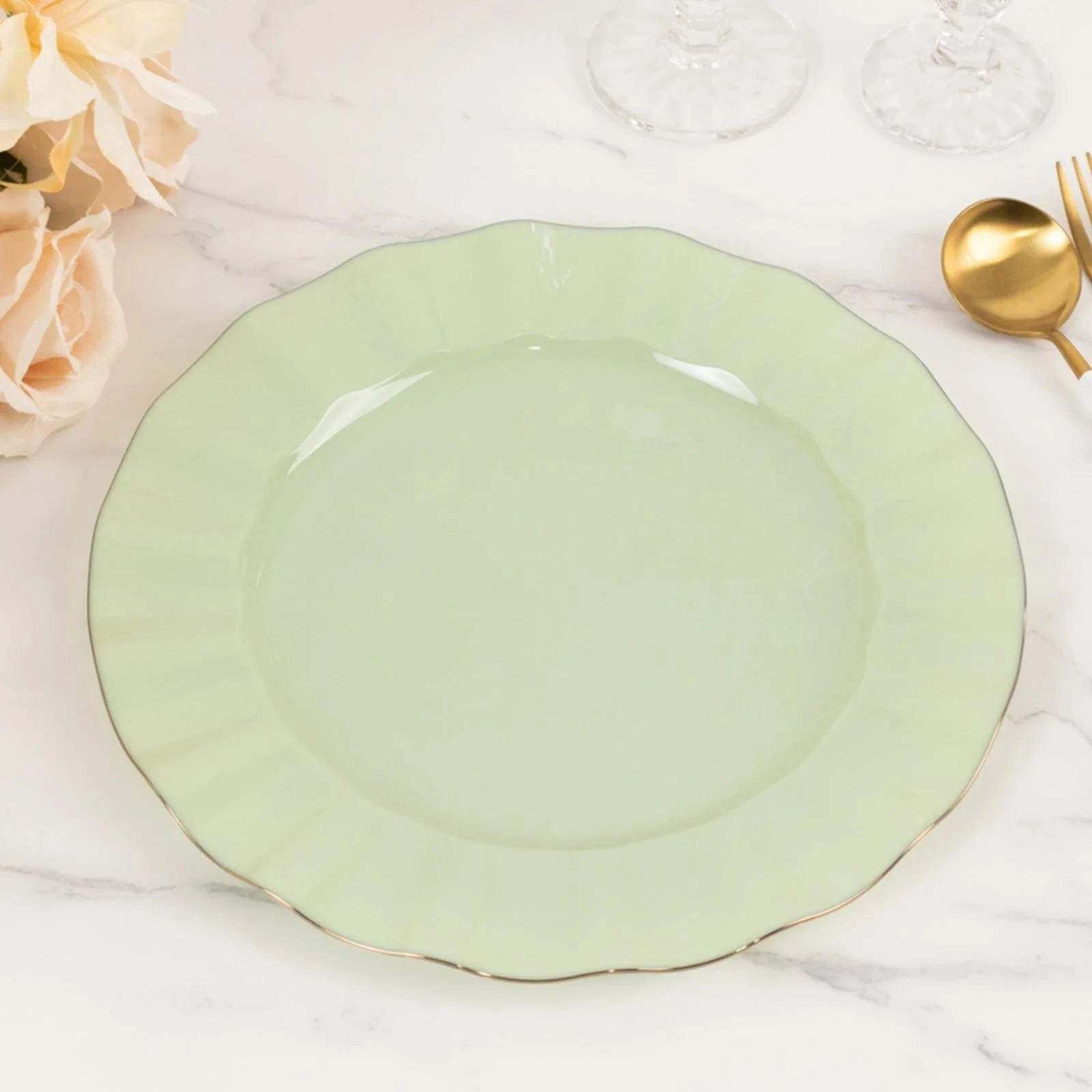 10 Round Plastic Salad Dinner Plates with Gold Wavy Rim - Disposable Tableware