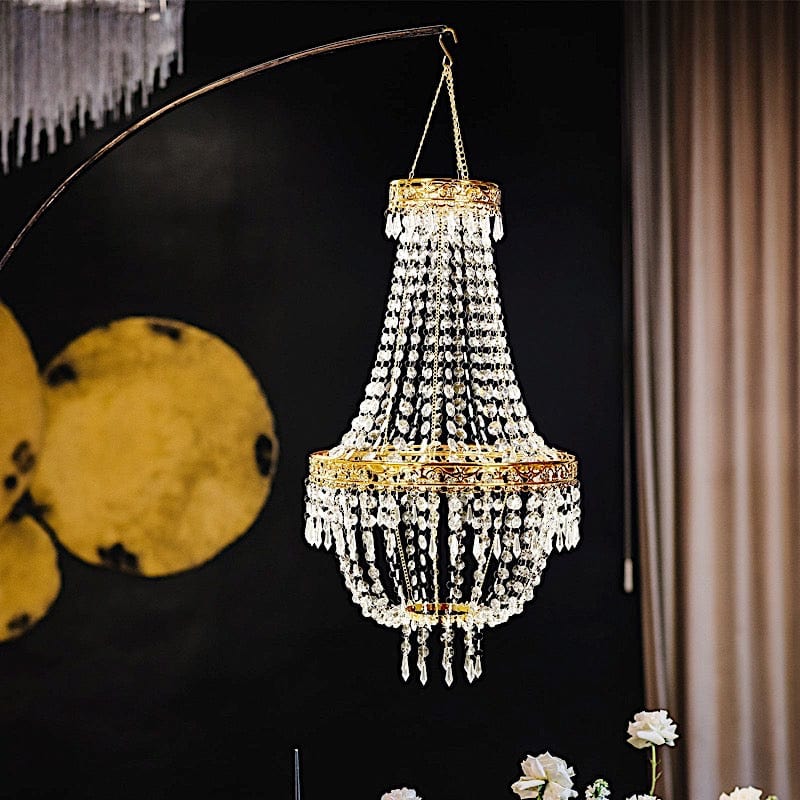 Empire Style Beaded Crystal Chandelier with Gold Ornate Metal Frame - Clear