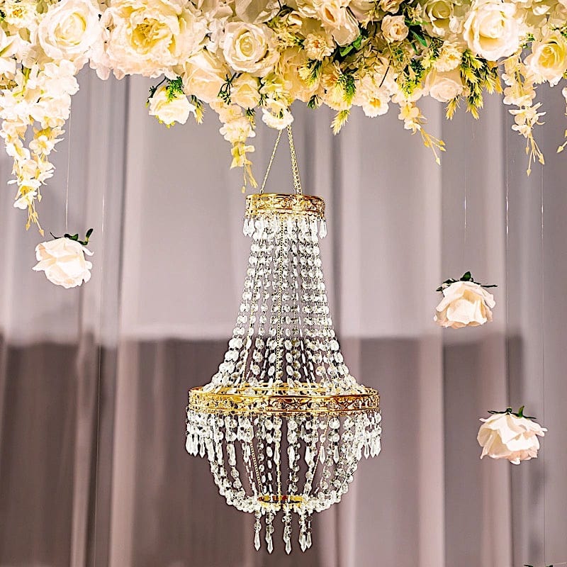 Empire Style Beaded Crystal Chandelier with Gold Ornate Metal Frame - Clear