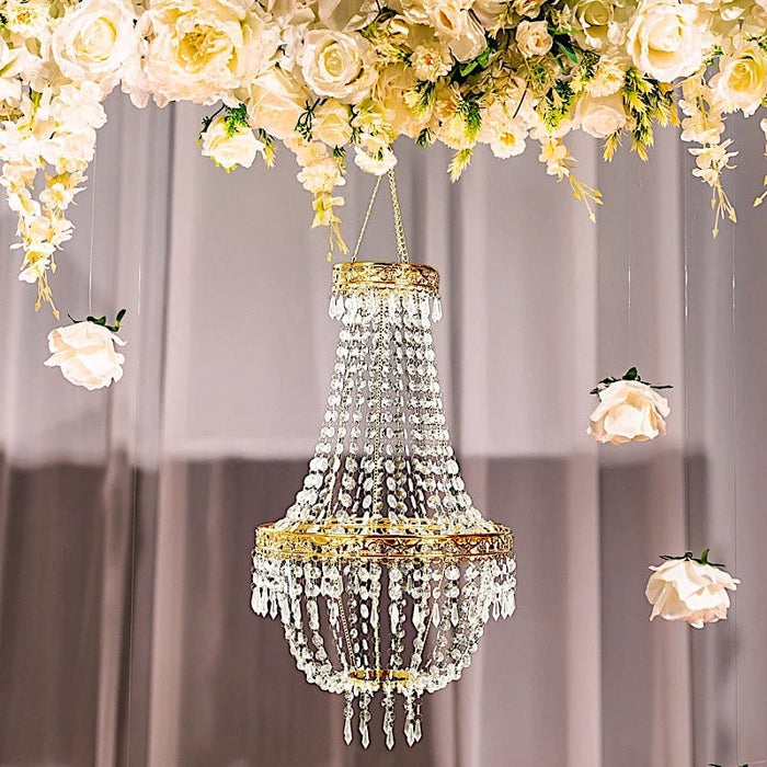 Empire Style Beaded Crystal Chandelier with Gold Ornate Metal Frame - Clear