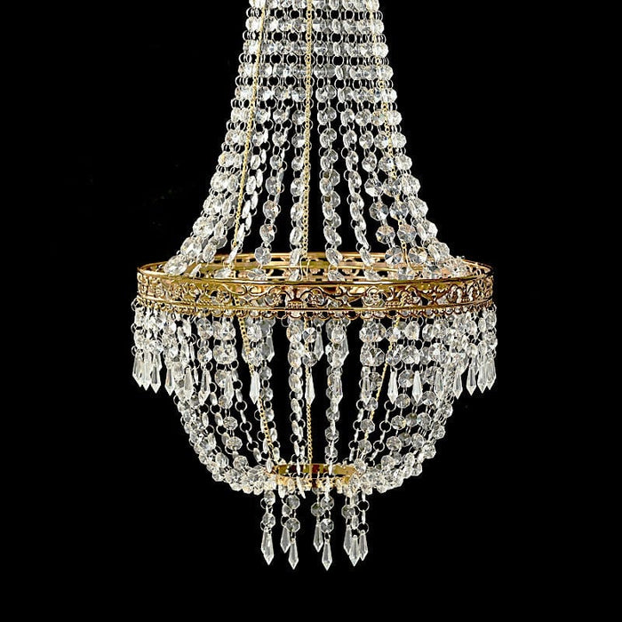 Empire Style Beaded Crystal Chandelier with Gold Ornate Metal Frame - Clear
