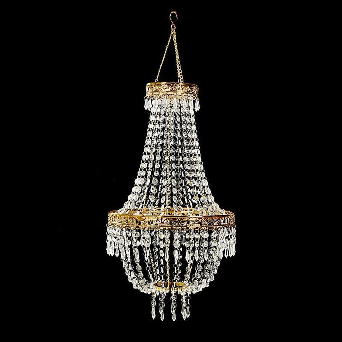 Empire Style Beaded Crystal Chandelier with Gold Ornate Metal Frame - Clear