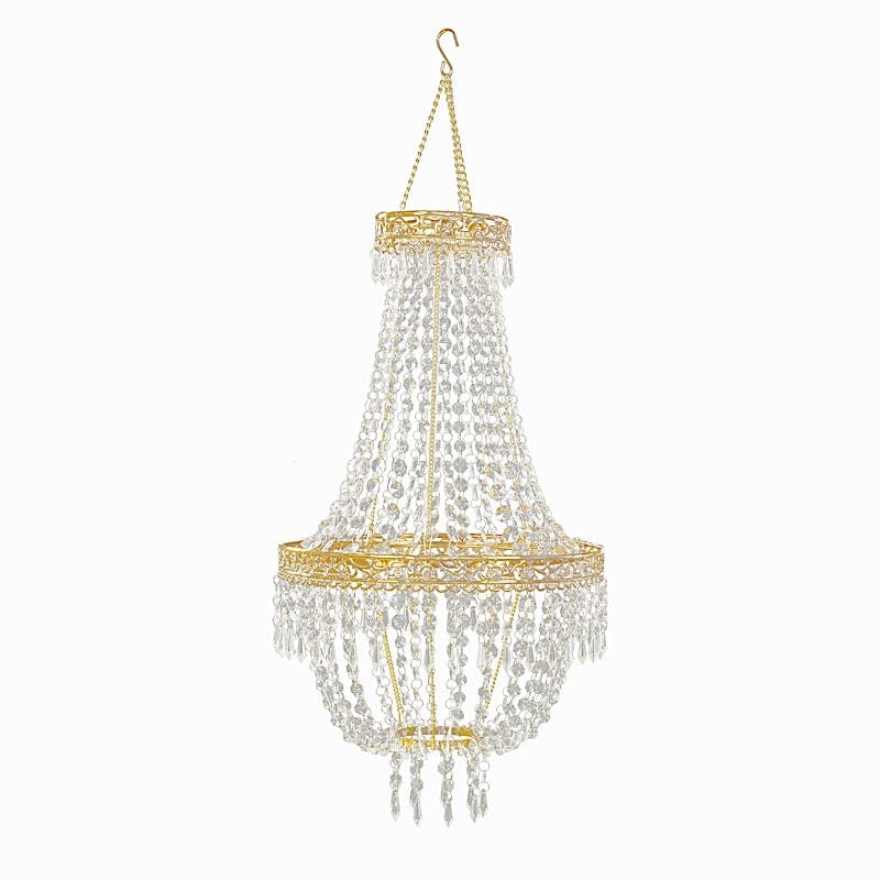 Empire Style Beaded Crystal Chandelier with Gold Ornate Metal Frame - Clear