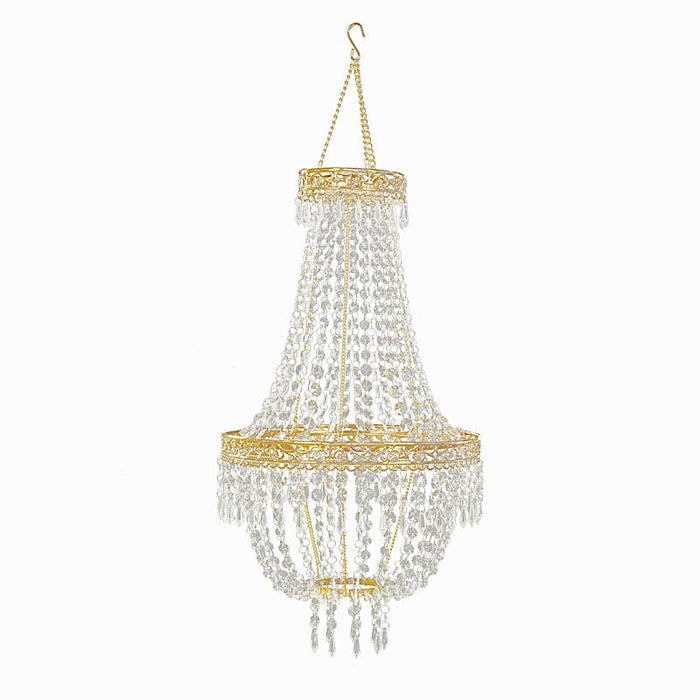 Empire Style Beaded Crystal Chandelier with Gold Ornate Metal Frame - Clear