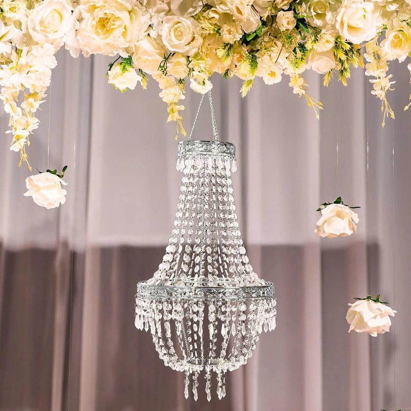 Empire Style Beaded Crystal Clear Chandelier with Ornate Metal Frame