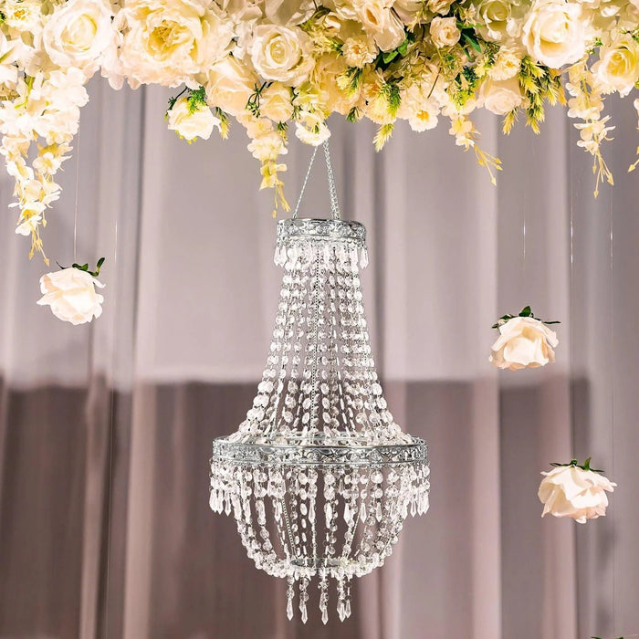 Empire Style Beaded Crystal Clear Chandelier with Ornate Metal Frame