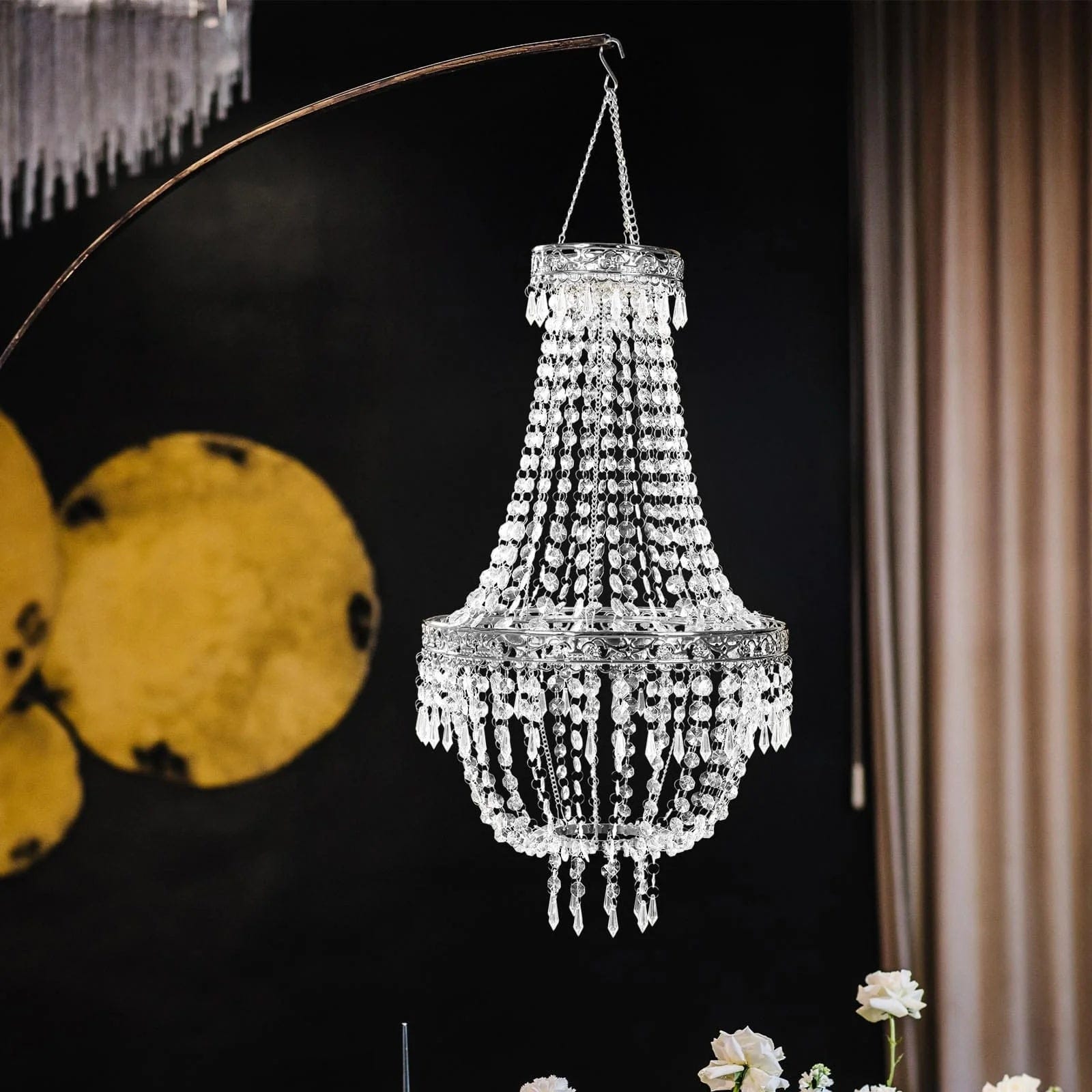Empire Style Beaded Crystal Clear Chandelier with Ornate Metal Frame