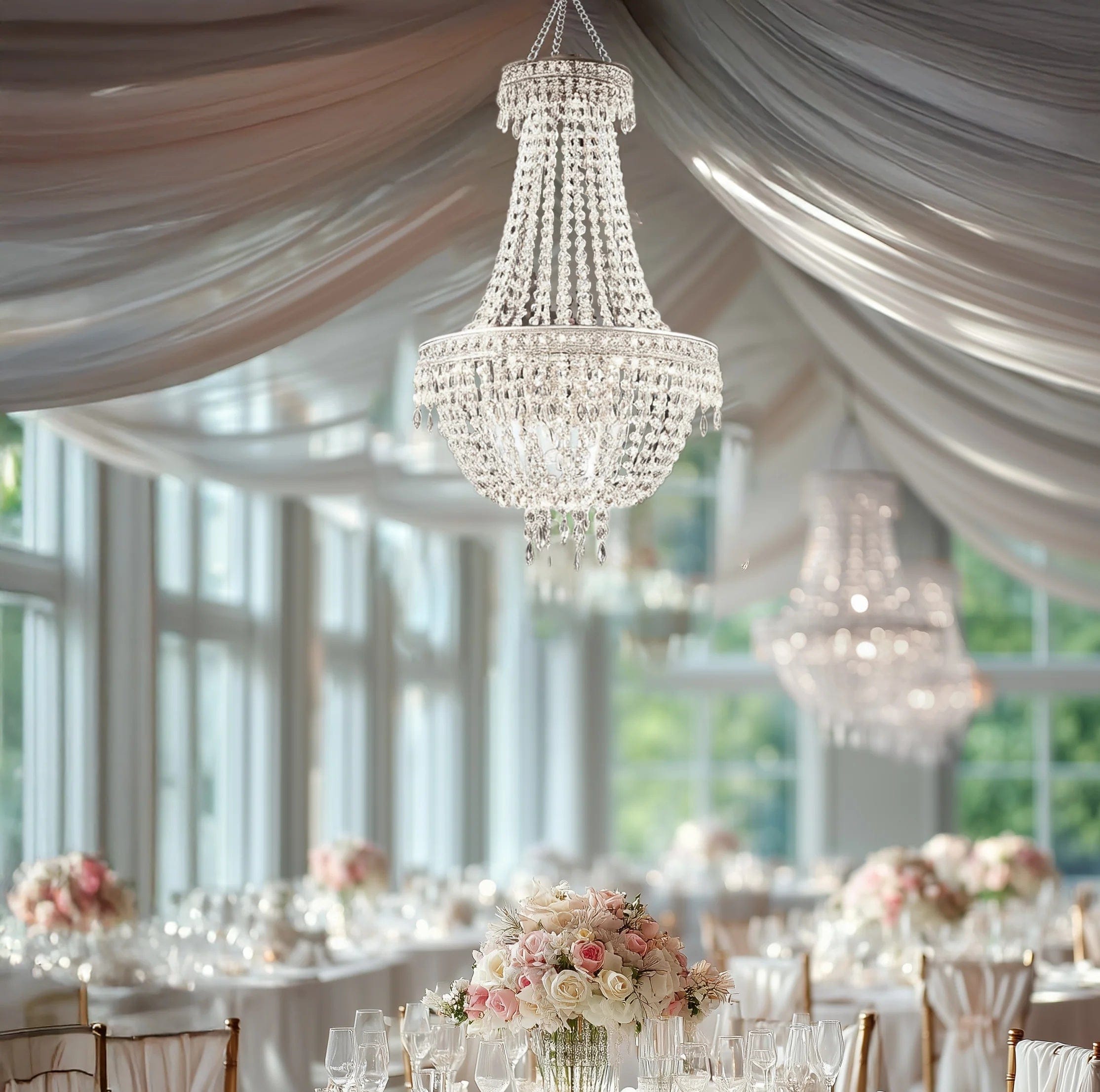 Empire Style Beaded Crystal Clear Chandelier with Ornate Metal Frame