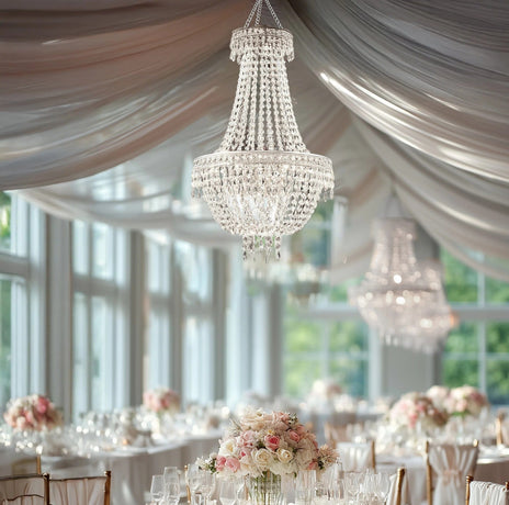 Empire Style Beaded Crystal Clear Chandelier with Ornate Metal Frame