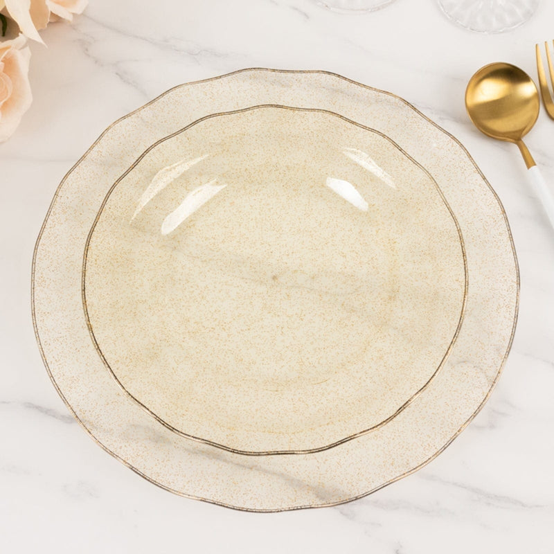10 Round Plastic Salad Dinner Plates with Gold Wavy Rim - Disposable Tableware