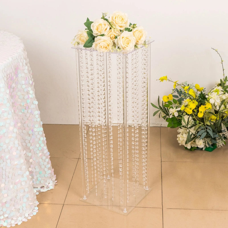 Heavy Duty Acrylic Flower Pedestal Vase with Hanging Crystal Beads