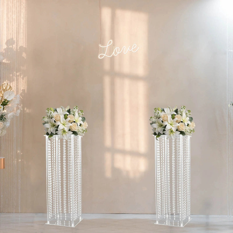 Heavy Duty Acrylic Flower Pedestal Vase with Hanging Crystal Beads
