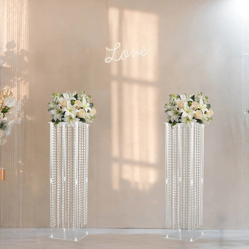 Heavy Duty Acrylic Flower Pedestal Vase with Hanging Crystal Beads